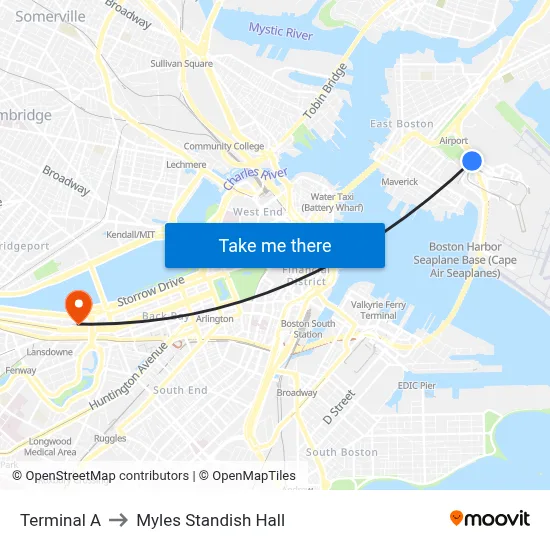 Terminal A to Myles Standish Hall map