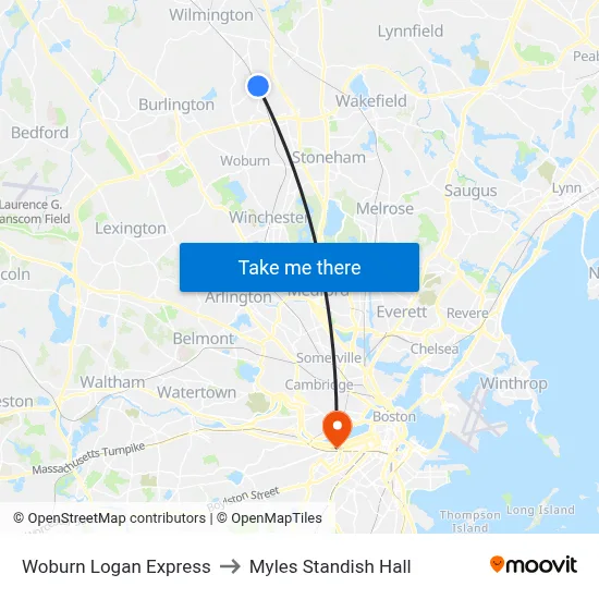 Woburn Logan Express to Myles Standish Hall map