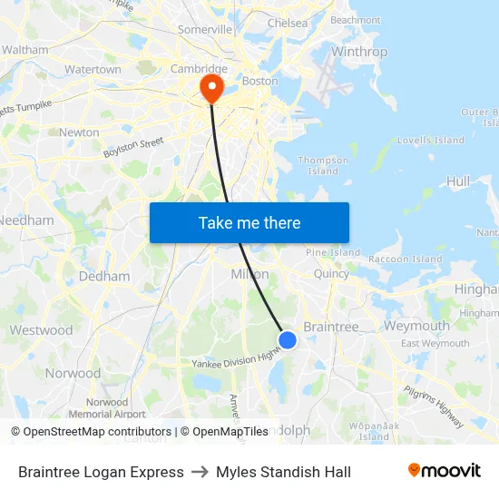 Braintree Logan Express to Myles Standish Hall map