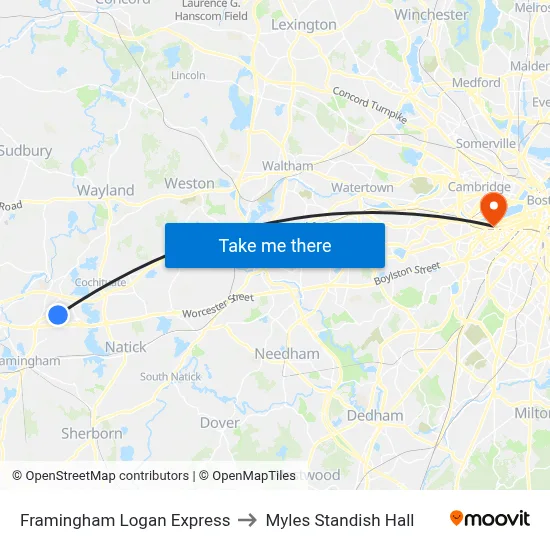 Framingham Logan Express to Myles Standish Hall map