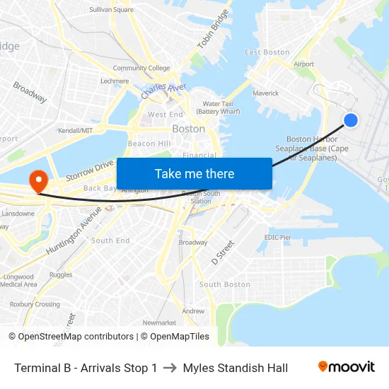 Terminal B - Arrivals Stop 1 to Myles Standish Hall map
