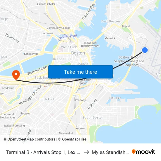 Terminal B - Arrivals Stop 1, Lex Pick Up to Myles Standish Hall map