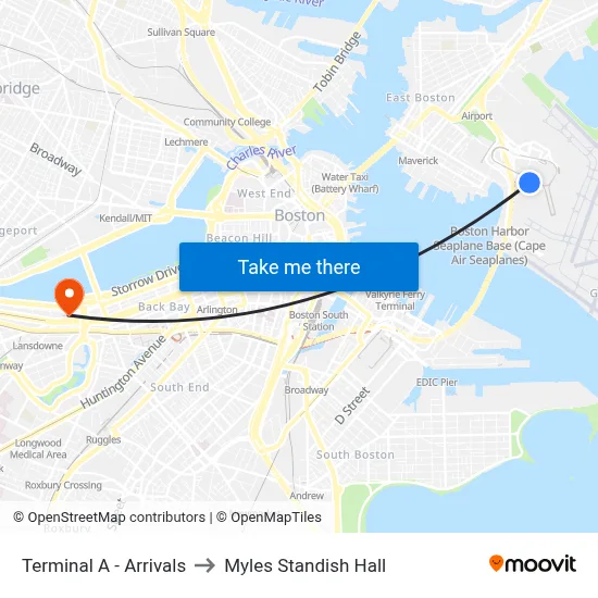 Terminal A - Arrivals to Myles Standish Hall map