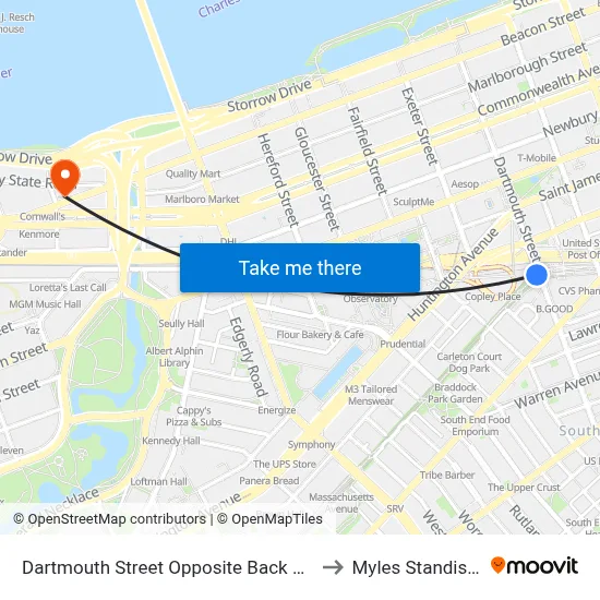 Dartmouth Street Opposite Back Bay Station to Myles Standish Hall map