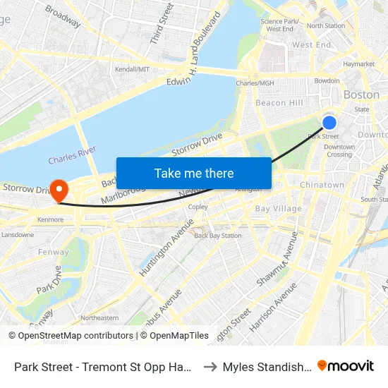 Park Street - Tremont St Opp Hamilton Pl to Myles Standish Hall map
