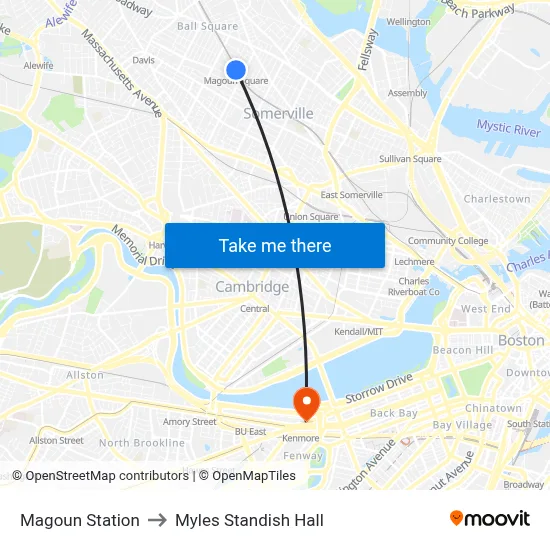 Magoun Station to Myles Standish Hall map