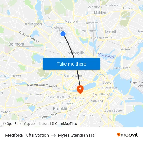 Medford/Tufts Station to Myles Standish Hall map