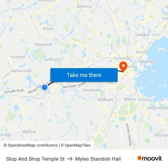 Stop And Shop Temple St to Myles Standish Hall map