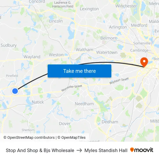 Stop And Shop & Bjs Wholesale to Myles Standish Hall map
