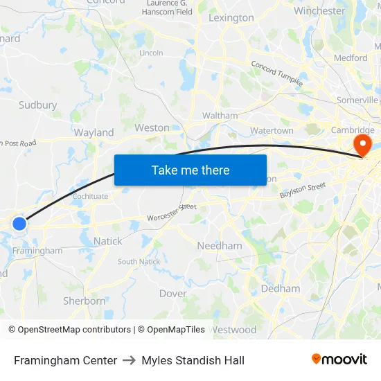 Framingham Center to Myles Standish Hall map