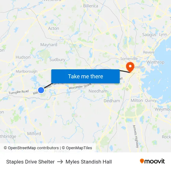 Staples Drive Shelter to Myles Standish Hall map