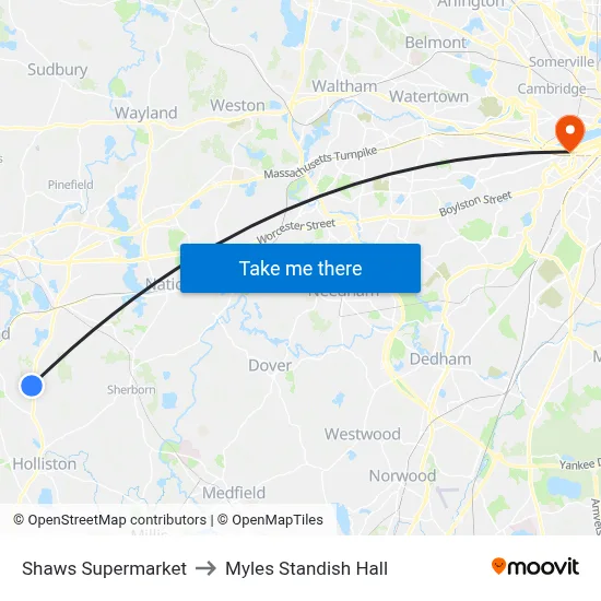 Shaws Supermarket to Myles Standish Hall map