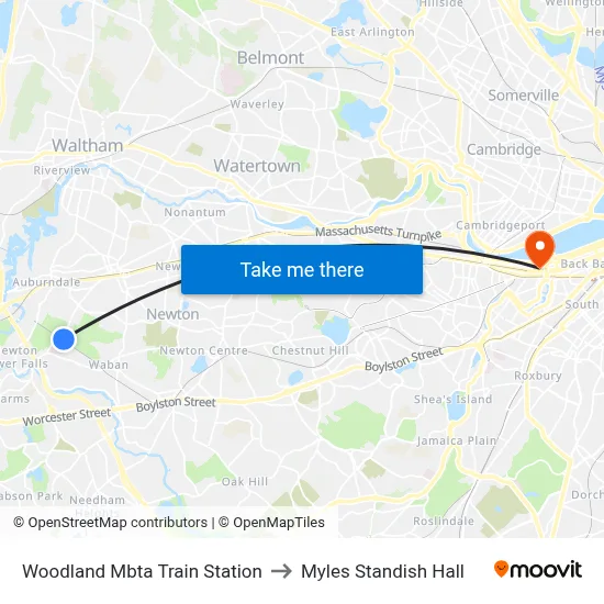 Woodland Mbta Train Station to Myles Standish Hall map