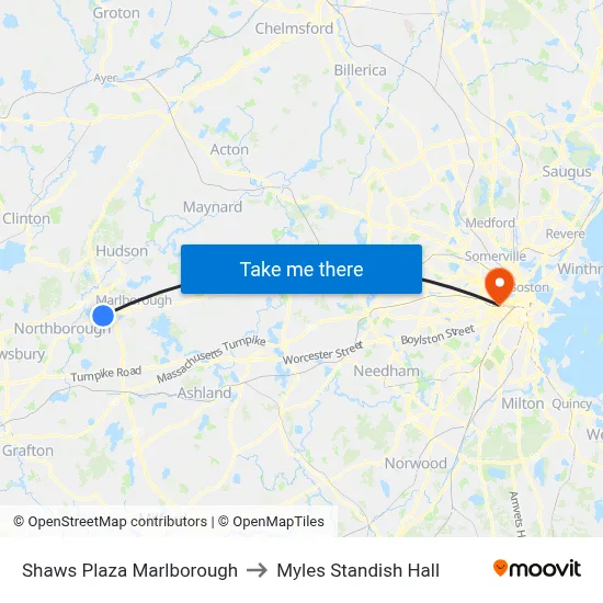 Shaws Plaza Marlborough to Myles Standish Hall map