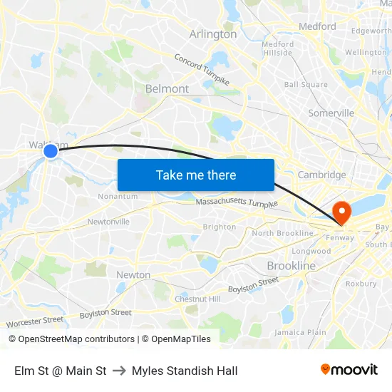 Elm St @ Main St to Myles Standish Hall map