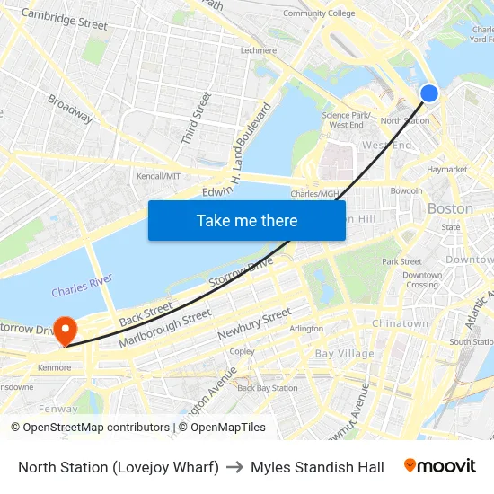 North Station (Lovejoy Wharf) to Myles Standish Hall map