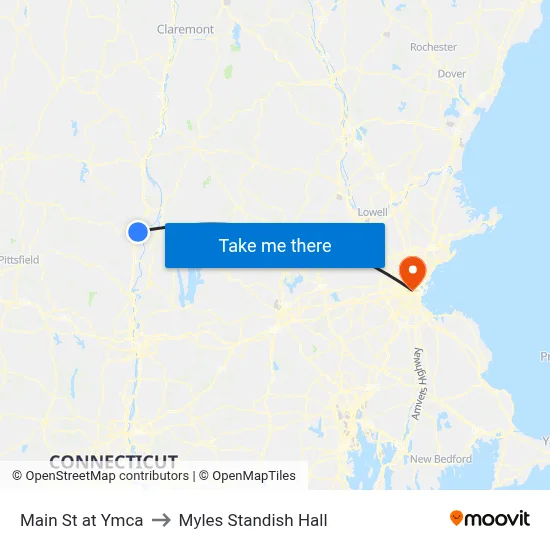 Main St at Ymca to Myles Standish Hall map