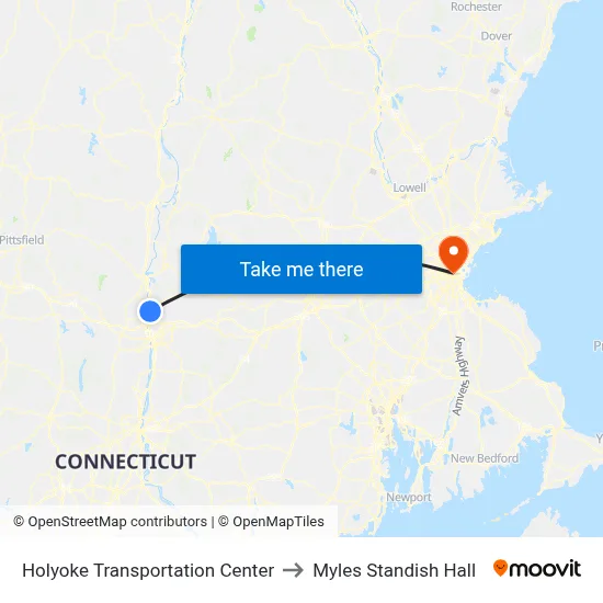 Holyoke Transportation Center to Myles Standish Hall map