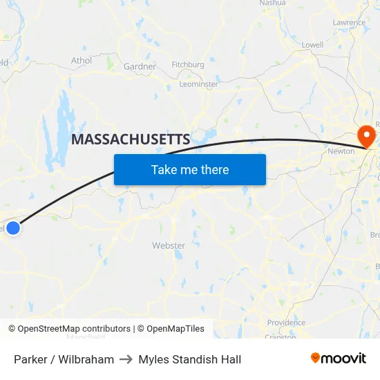 Parker / Wilbraham to Myles Standish Hall map