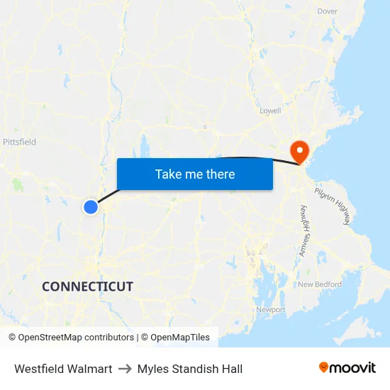 Westfield Walmart to Myles Standish Hall map