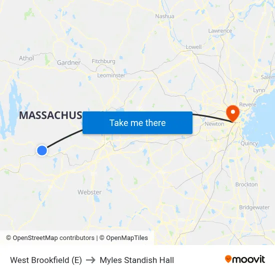 West Brookfield (E) to Myles Standish Hall map