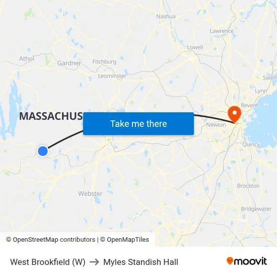 West Brookfield (W) to Myles Standish Hall map