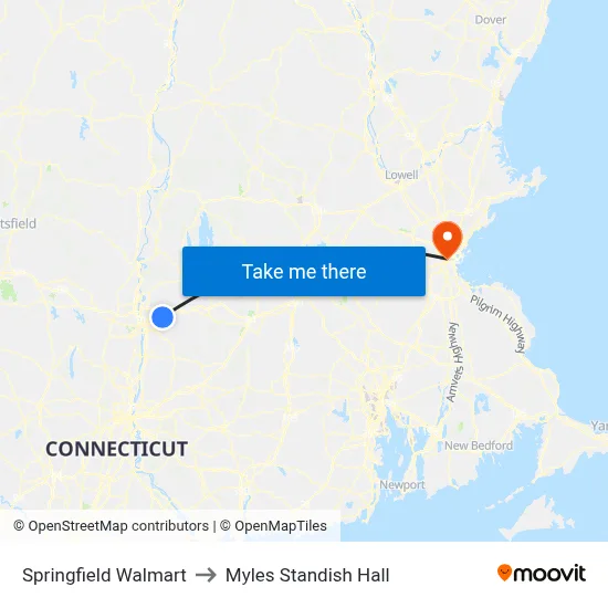 Springfield Walmart to Myles Standish Hall map