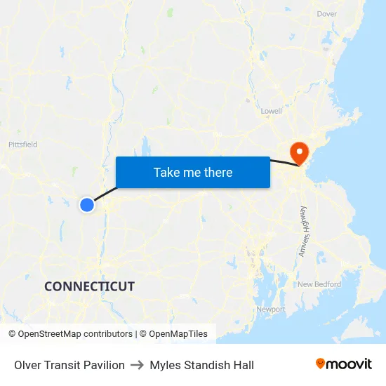 Olver Transit Pavilion to Myles Standish Hall map