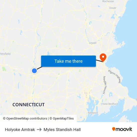 Holyoke Amtrak to Myles Standish Hall map