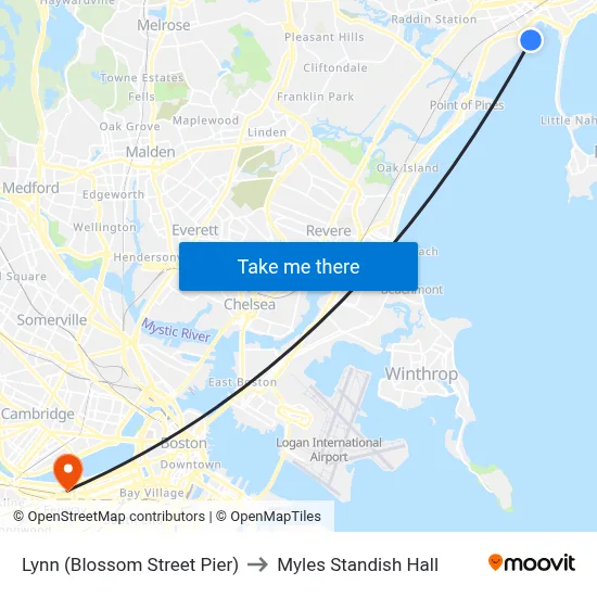 Lynn (Blossom Street Pier) to Myles Standish Hall map