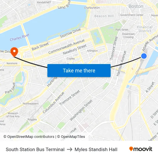 South Station Bus Terminal to Myles Standish Hall map