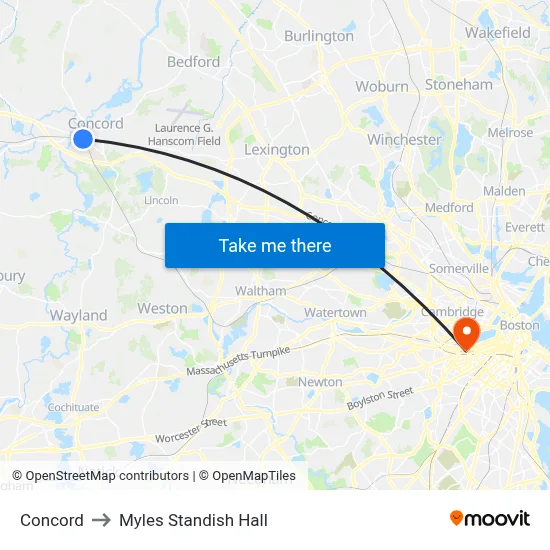 Concord to Myles Standish Hall map