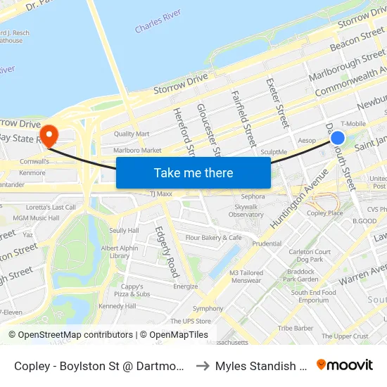 Copley - Boylston St @ Dartmouth St to Myles Standish Hall map