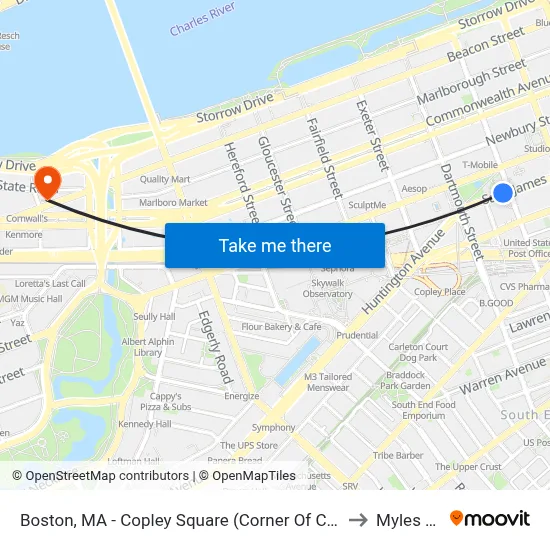 Boston, MA - Copley Square (Corner Of Clarendon St. & St. James Ave. In Front Of Trinity Church) to Myles Standish Hall map
