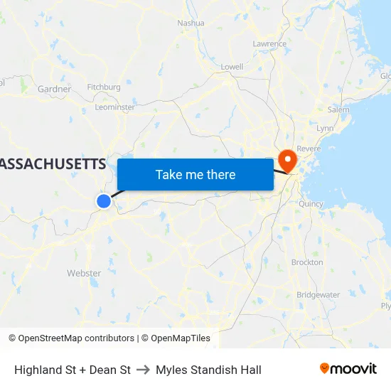 Highland St + Dean St to Myles Standish Hall map