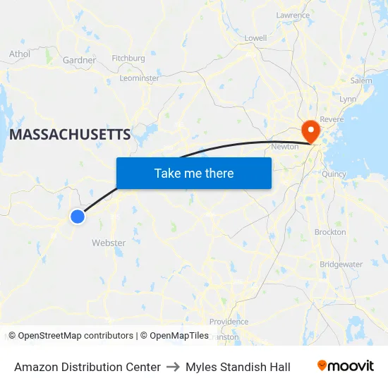 Amazon Distribution Center to Myles Standish Hall map