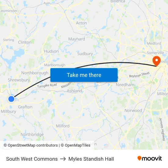 South West Commons to Myles Standish Hall map