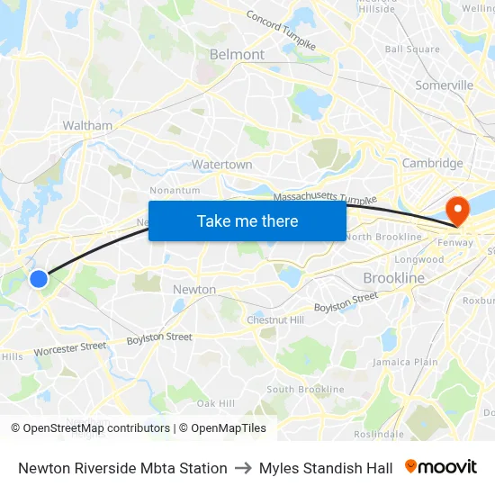 Newton Riverside Mbta Station to Myles Standish Hall map