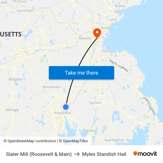 Slater Mill (Roosevelt & Main) to Myles Standish Hall map