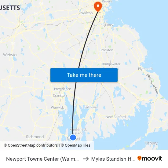 Newport Towne Center (Walmart) to Myles Standish Hall map
