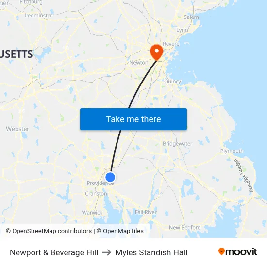 Newport & Beverage Hill to Myles Standish Hall map