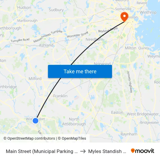 Main Street (Municipal Parking Lot) to Myles Standish Hall map