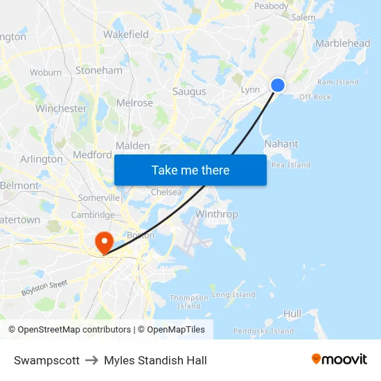 Swampscott to Myles Standish Hall map