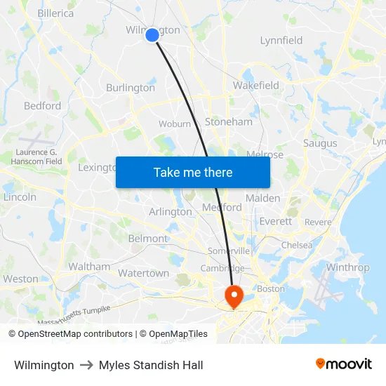 Wilmington to Myles Standish Hall map