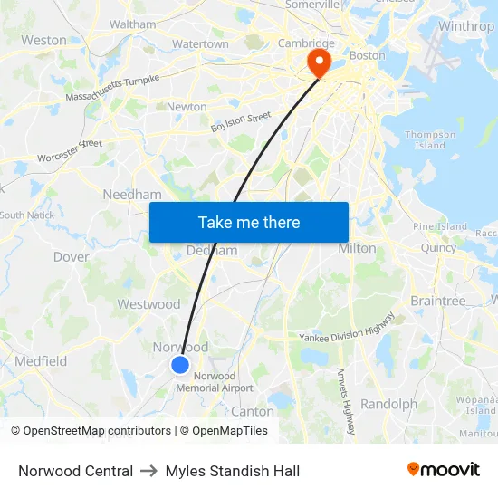 Norwood Central to Myles Standish Hall map
