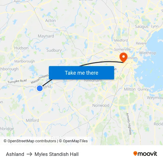 Ashland to Myles Standish Hall map