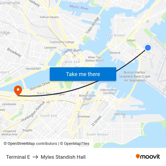 Terminal E to Myles Standish Hall map