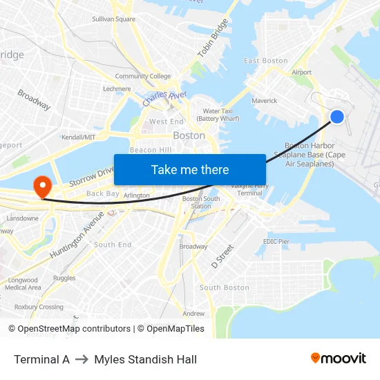 Terminal A to Myles Standish Hall map