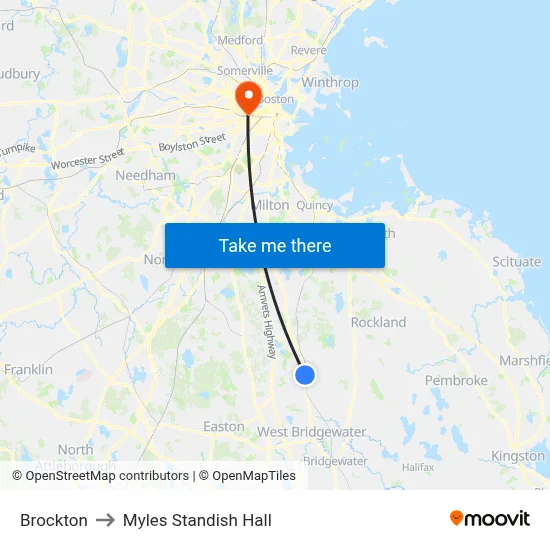 Brockton to Myles Standish Hall map