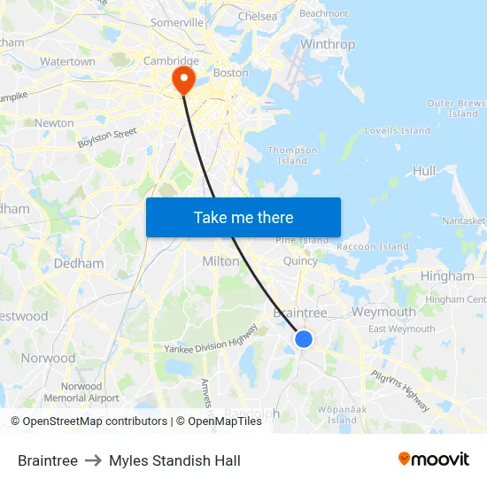 Braintree to Myles Standish Hall map